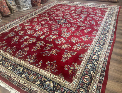 Indo Persian Sarouk Rug 10x14, Large Red and Navy Blue Carpet, Traditional Floral Wool Rug