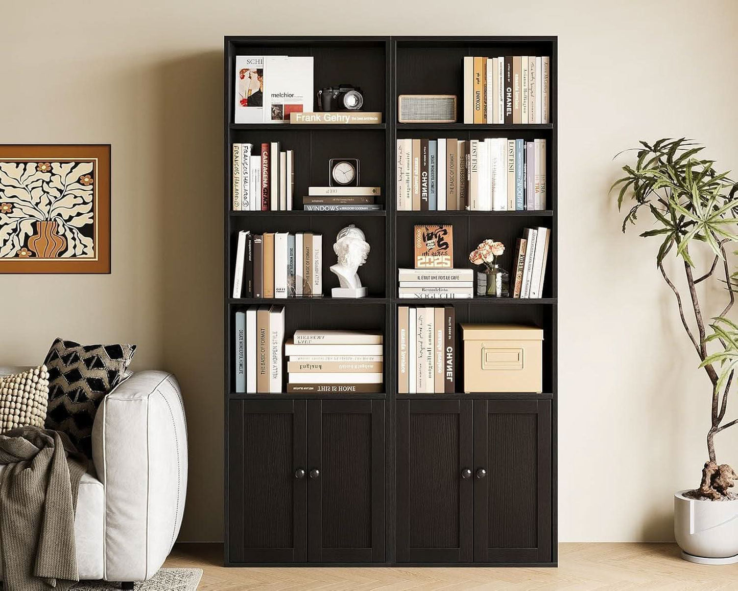 Black Six Tier Floor Standing Bookshelf With Doors