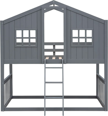 Gray Twin Over Twin House Bunk Bed With Roof For Kids