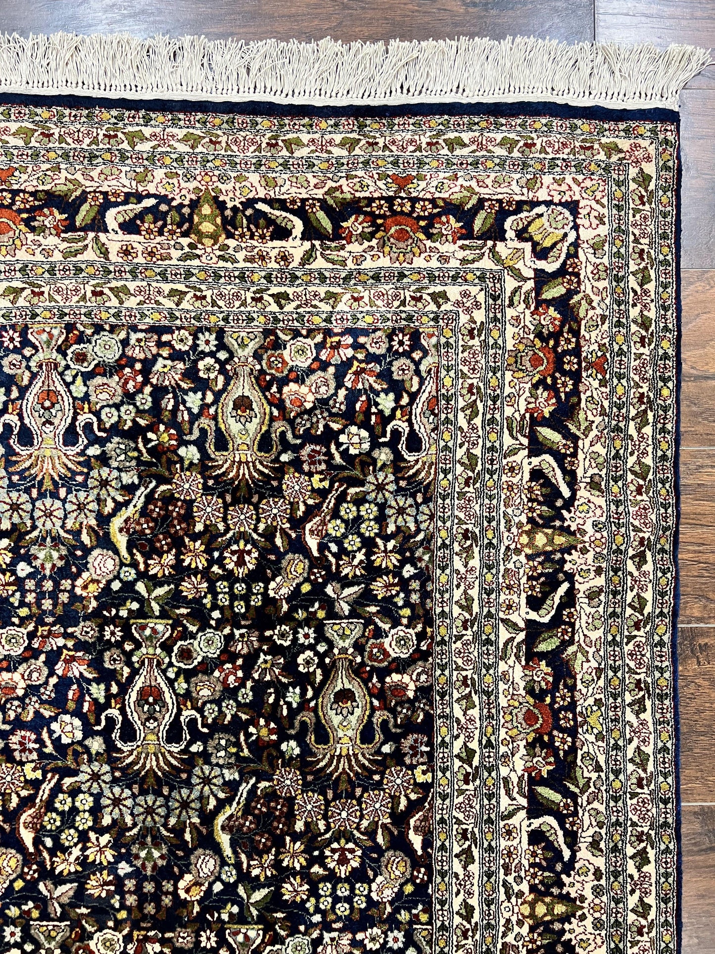 Silk Indian Kashmiri Rug 5x7, Navy Blue Indo Persian Silk Carpet 5 x 7 ft, Hand Knotted Handmade Very Fine Oriental Carpet, 450 KPSI, Birds