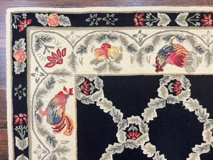 Hooked Rug 5x8, European Aubusson Pattern, Black and Ivory, Roses & Roosters, Vintage Wool Rug