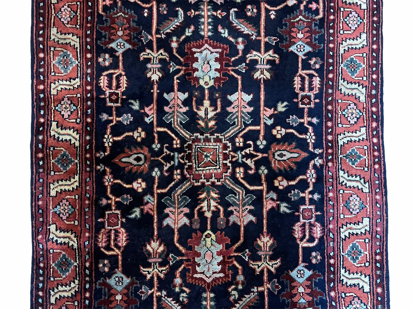 4x6 Vintage Handmade Wool Geometric Rug Organic Dyes Blue Red Hand-Knotted Rug