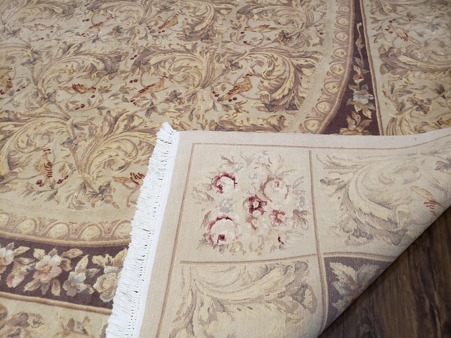 Chinese Aubusson Savonnerie Area Rug 8x12, Vintage 120 Line Carpet, Wool and Silk Hand-Knotted, Birds Flowers Master Weaver Signature