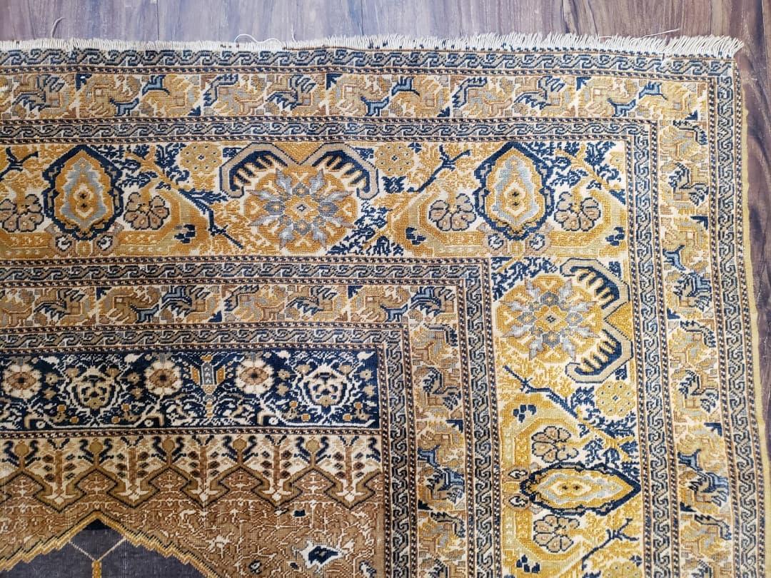 Rare Turkish Ghiordes Prayer Rug 4 x 5.8 ft, Late 19th Century Turkish Oriental Carpet, Mehrab Antique Prayer Rug, Museum Quality, Blue, Tan