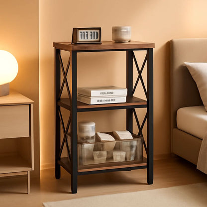 3 Tier Bookcase Industrial Metal Bookshelf With Side Fence in Rustic Brown Living Room Storage Display