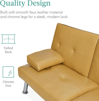 Convertible Futon Sofa Bed in Faux Leather Camel Yellow with Removable Armrests