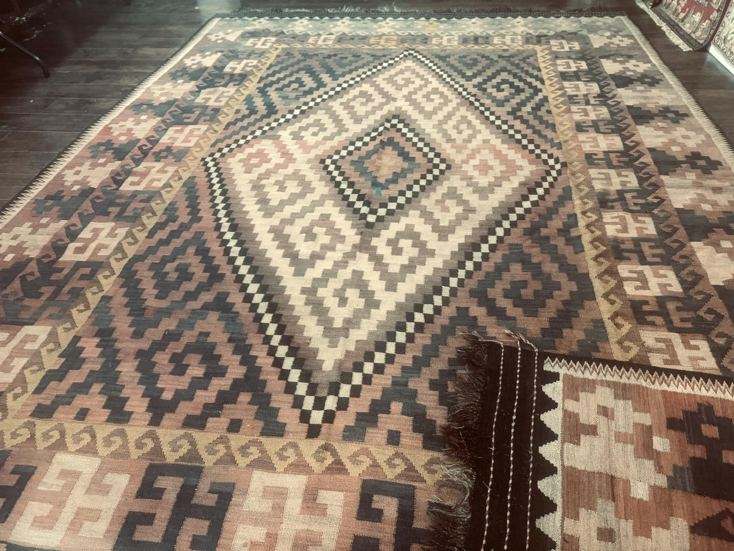 Antique Persian Tribal Kilim Rug 9x12, Zig Zag Pattern Kilim, Zarand Rug, Wool, Earth Tone Colors