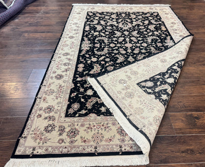 Sino Persian Rug 6x9, Black and Ivory, Wool and Silk Highlights, Handmade