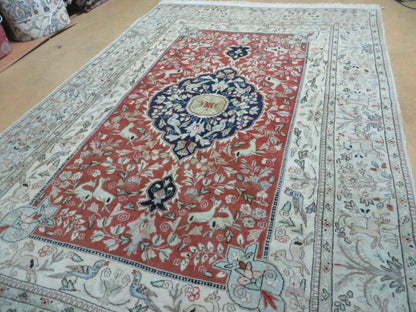 6' X 9' Vintage Handmade India Oriental Floral Wool Rug Hunting Bird Deer Nice