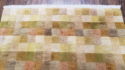 4x6 Tibetan Rug, Modern Abstract Handmade Area Rug, Checkerboard Pattern, Neutral Ivory Gold Tan Colors, Soft Pile, Mid Sized Rug, Nepali