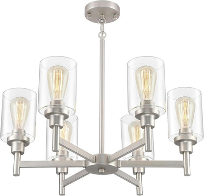 Brushed Nickel Six Light Chandelier With Clear Glass Shades