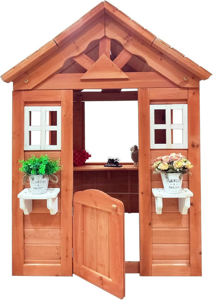 Wooden Outdoor Playhouse With Two Windows Flowerpot