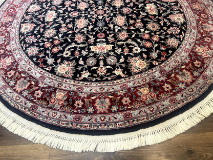 Round Sino Persian Rug 6x6, Floral, Navy Blue and Red, Wool and Silk Highlights