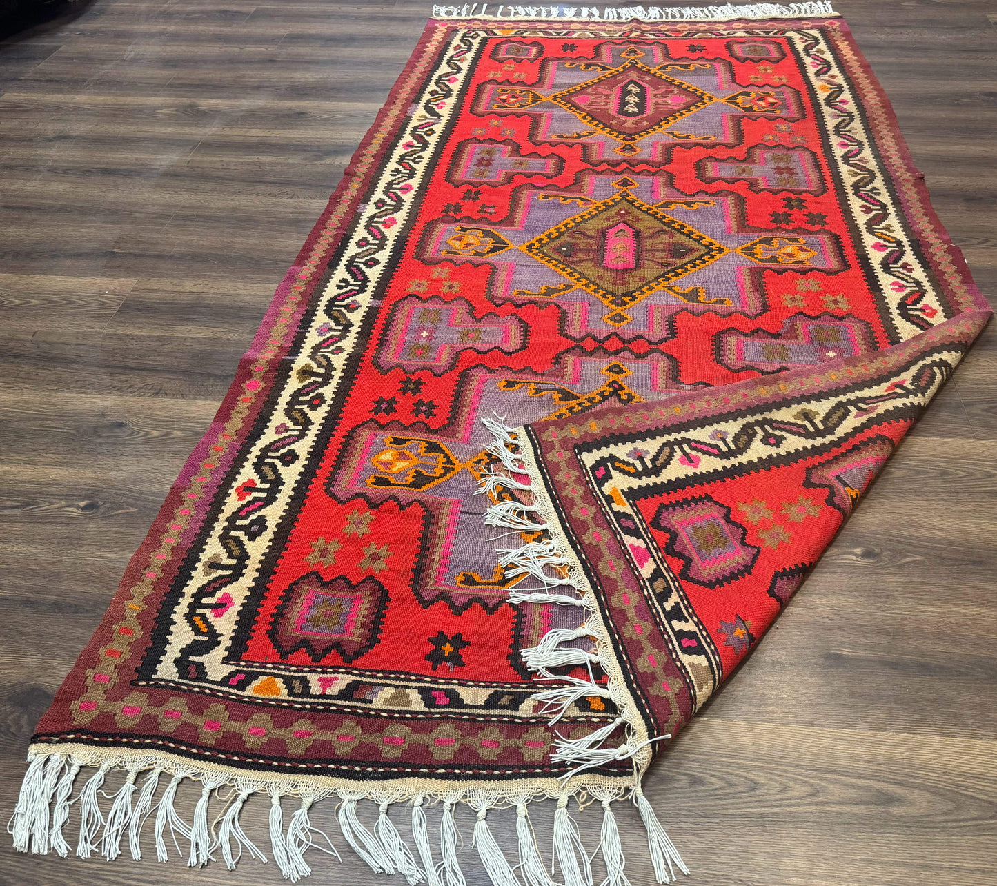 Persian Kurdish Zarand Kilim Rug 5x9, Red, Geometric Medallions, Wide Runner