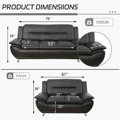 Black Faux Leather Sofa Loveseat 2 Piece Living Room Set