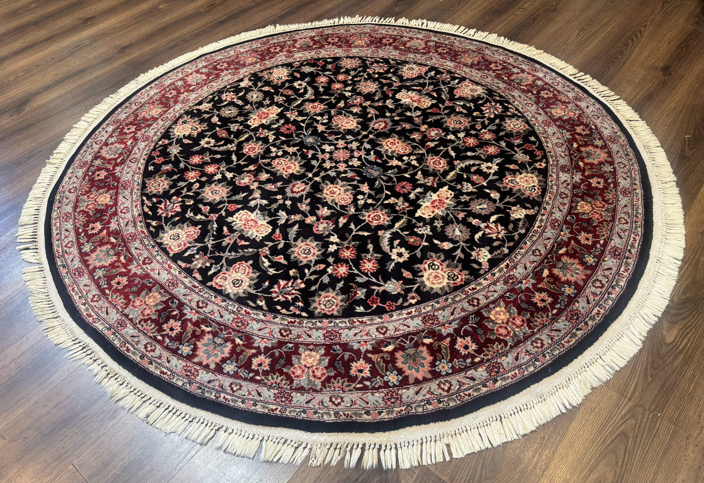 Round Sino Persian Rug 6x6, Floral, Navy Blue and Red, Wool and Silk Highlights