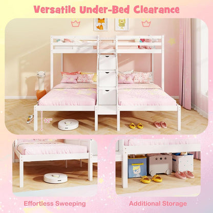White Solid Wood Triple Bunk Bed With Storage Stair