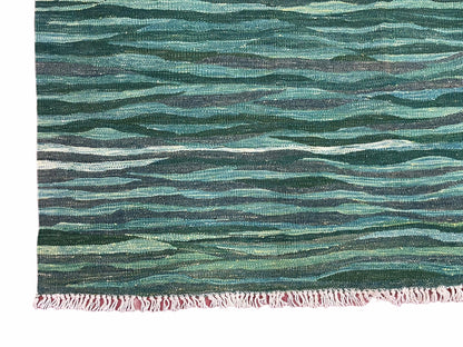 Sea Green Kilim Area Rug, White Blue Red Stripes, Russian Flag Rug, Flatweave Hand Knotted Carpet, Turkish Carpet, Wool, New, 5' 6" x 7' 10"