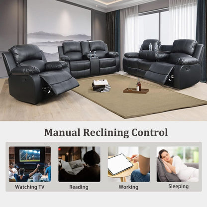 Manual Recliner Sofa Set Black With Cup Holder Storage Console