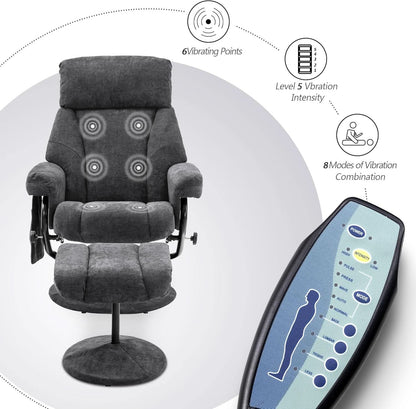 Dark Grey Swivel Recliner With Ottoman Vibration Massage