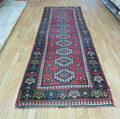 3' 3" X 10' Hand-Knotted Antique Handmade Caucasian Kazak Wool Runner Rug