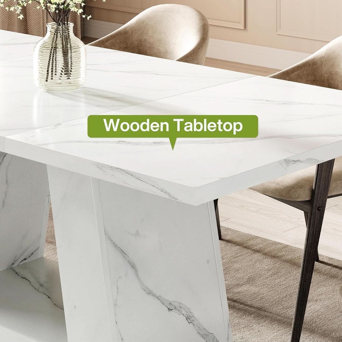 63 Inch White Faux Marble Dining Table Rectangular