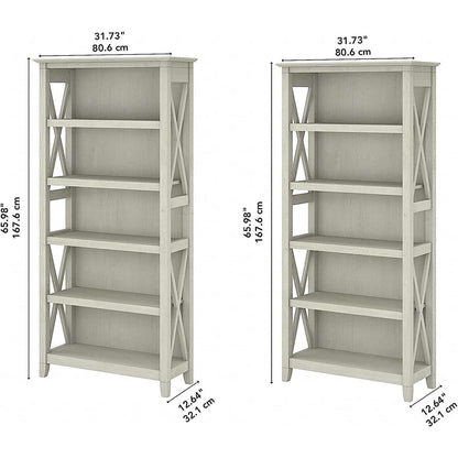 Linen White Oak 5 Shelf Bookcase Set 2 Tall 66H 32W 13D