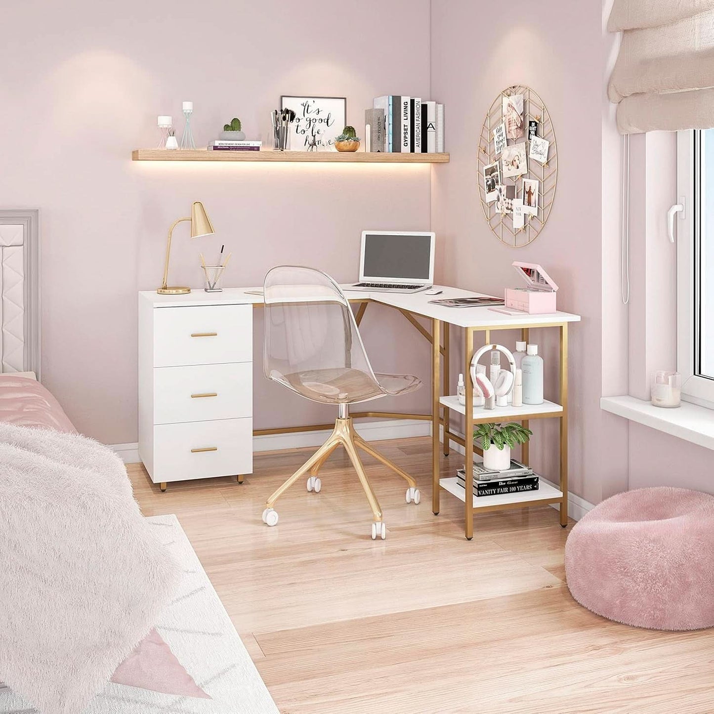 L Shaped Corner Desk Two Tone With Drawers And Shelves For Home Office