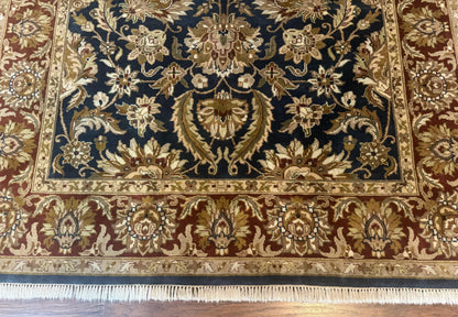 Indian Agra Rug 6x9, Floral, Traditional Rug, Dark Green Maroon Tan