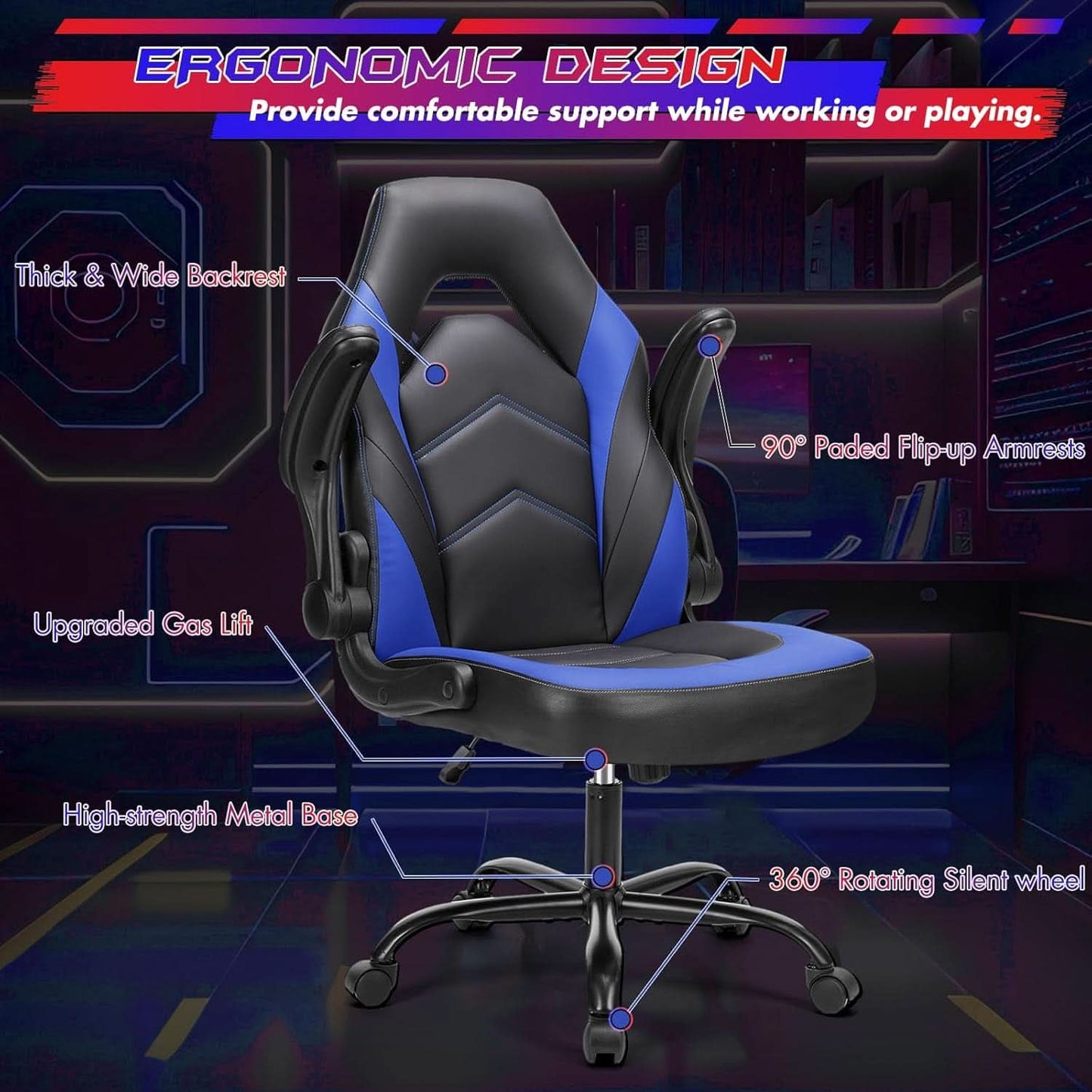 Computer Gaming Desk Chair Ergonomic Adjustable Black Blue