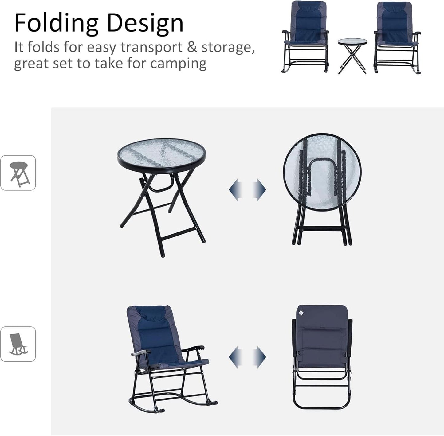 Three Piece Outdoor Patio Furniture Set With Glass Coffee Table And Two Folding Padded Rocking Chairs Navy Blue