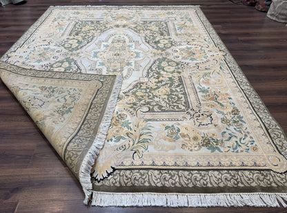 Aubusson Rug 8x10, Very Fine 225 KPSI, Floral, French European Design, Pakistani Carpet