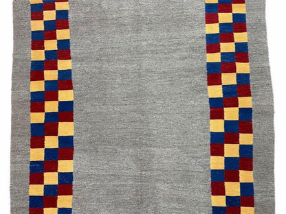 Gray Kilim Carpet, Yellow, Red, Blue Checkerboard Pattern, Flatweave, New, Geometric, Hand-Knotted, Wool, Turkish Area Rug, 5' 9" x 7' 9"