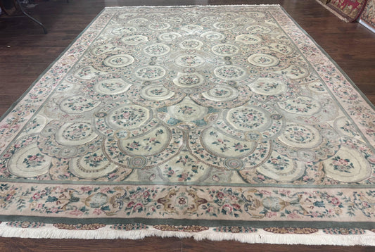 Pak Persian Rug 9x12, Wool with Silk Highlights, European Design, Floral, Green