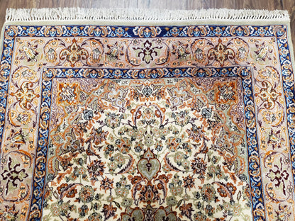 Vintage Persian Isfahan Lachak Toranj Rug, Highly Detailed, Kork Wool on Silk Foundation, Beige and Dark Blue, Hand-Knotted, 3'6" x 5' 4"