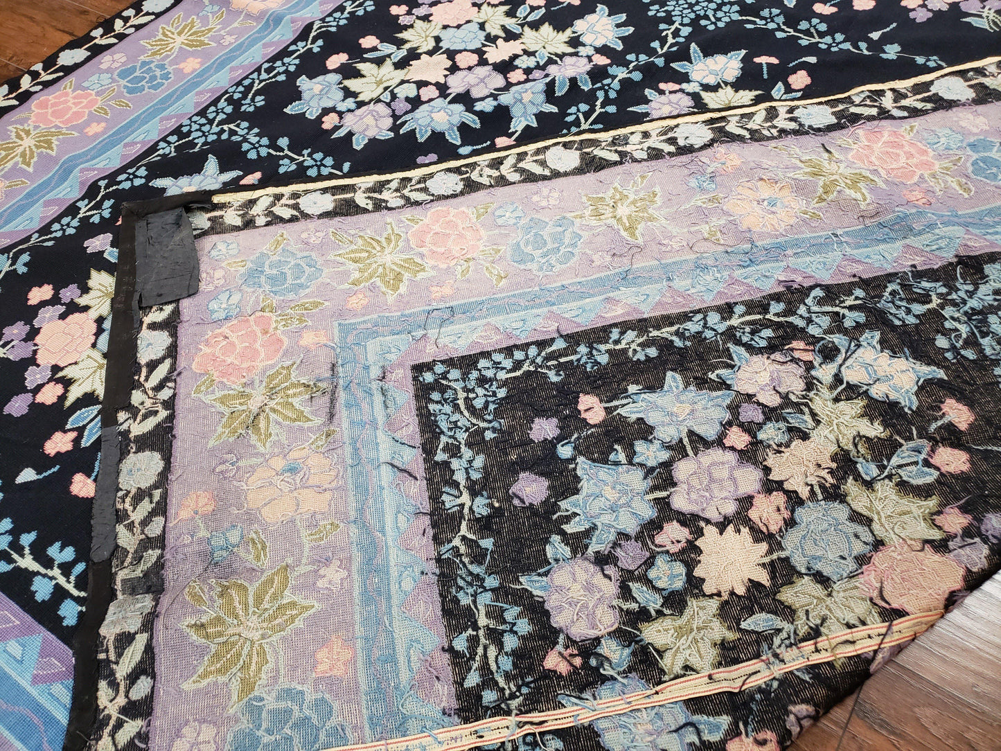 Chinese Needlepoint Rug 8 x 11.4, Hand-Woven Area Carpet, Flatweave Rug, Black Blue Light Violet Floral Garden European Design Wool Aubusson