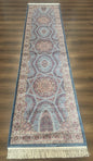 Turkish Silk Runner Rug 2.6 x 10, Light Blue Carpet, Bamboo Silk, New