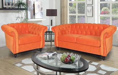 3 Piece Orange Velvet Living Room Sofa Set Includes Loveseat And Club Chair Durable Upholstery