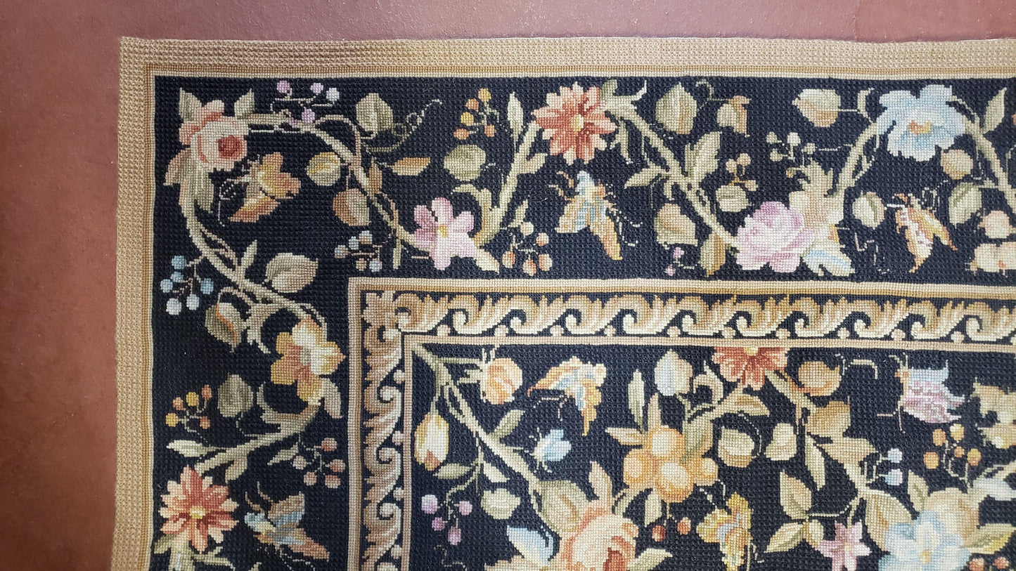 6x9 Vintage Needlepoint Rug Petitepoint Carpet Butterflies Floral Design Dark Brown & Tan 6 x 9 Handmade Flatweave Area Rug