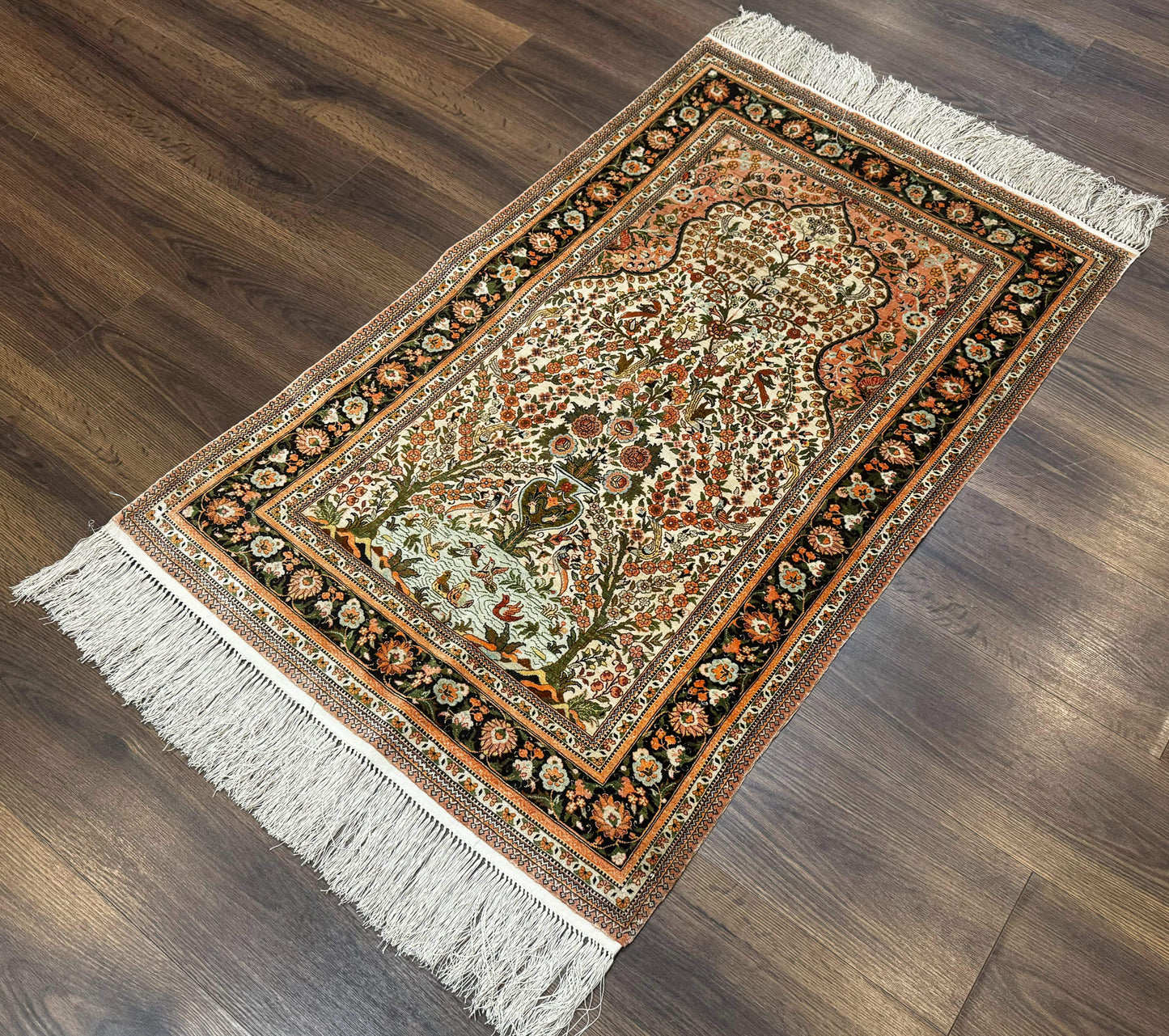 Exceptional Silk Rug 2.6 x 4, Very Fine 630 KPSI, Persian Vase Tree of Life Bird Pictorials, Handmade