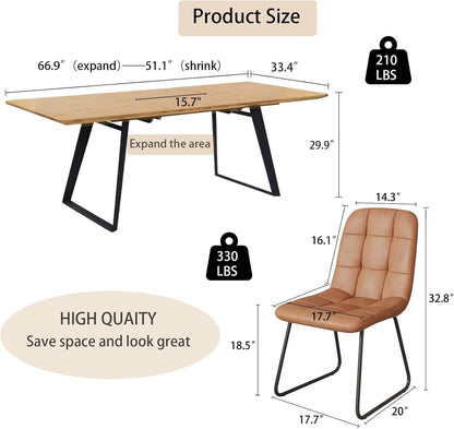 Expandable Oak Wood Dining Table Set For 6 To 8 Seats 51 To 67 Inches
