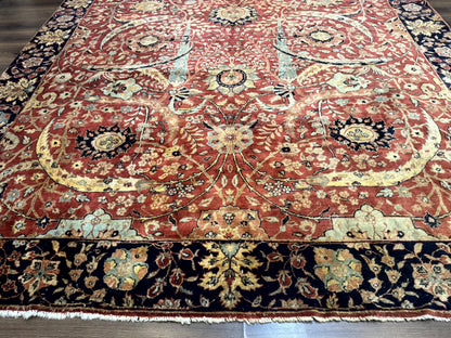 Indian Agra Rug 9x11, Terracotta and Navy Blue, Sickle Leaf Rug
