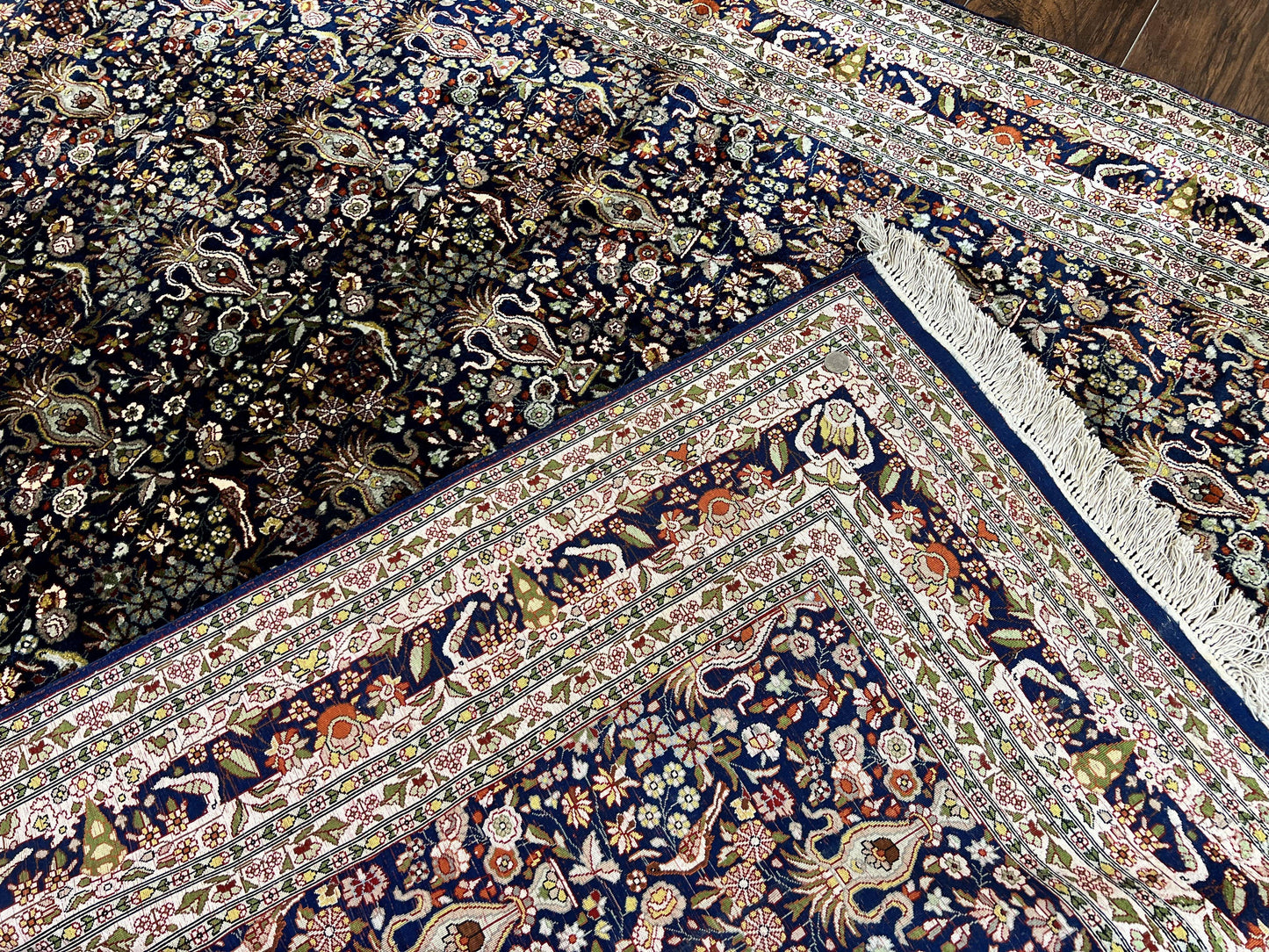 Silk Indian Kashmiri Rug 5x7, Navy Blue Indo Persian Silk Carpet 5 x 7 ft, Hand Knotted Handmade Very Fine Oriental Carpet, 450 KPSI, Birds