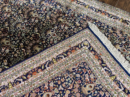 Silk Indian Kashmiri Rug 5x7, Navy Blue Indo Persian Silk Carpet 5 x 7 ft, Hand Knotted Handmade Very Fine Oriental Carpet, 450 KPSI, Birds