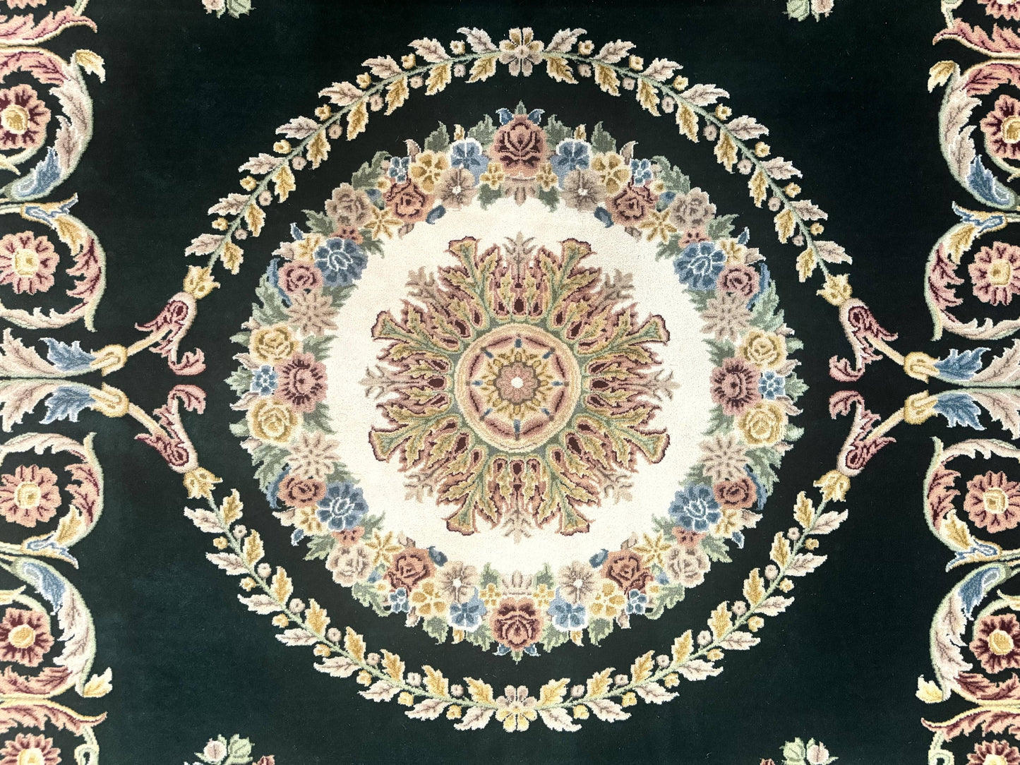 Aubusson Rug 9x12, Dark Green, European Design, Vintage Fine Handmade Carpet, Elegant