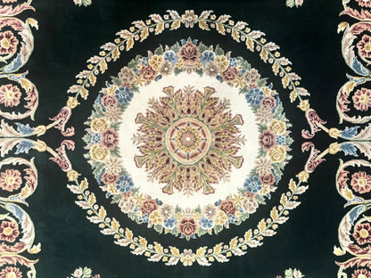 Aubusson Rug 9x12, Dark Green, European Design, Vintage Fine Handmade Carpet, Elegant
