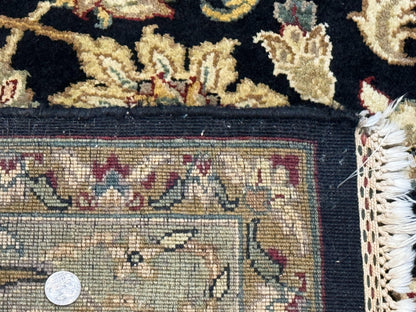 Indo Persian Rug 8x10, Black and Green, Wool, Handmade, Traditional, Floral Allover, Vintage