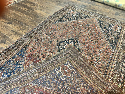 Antique Persian Shiraz Tribal Rug 6x8, Geometric Rug, Wool Handmade Hand Knotted Carpet, Red Blue