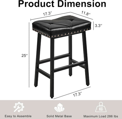 25 Inch Counter Height Bar Stools Set Of 2 In Black With PU Upholstered Saddle Seats For Comfort