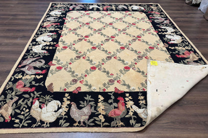 Vintage Hooked Rug 7x9, Rosters in Border, Roses and Butterflies